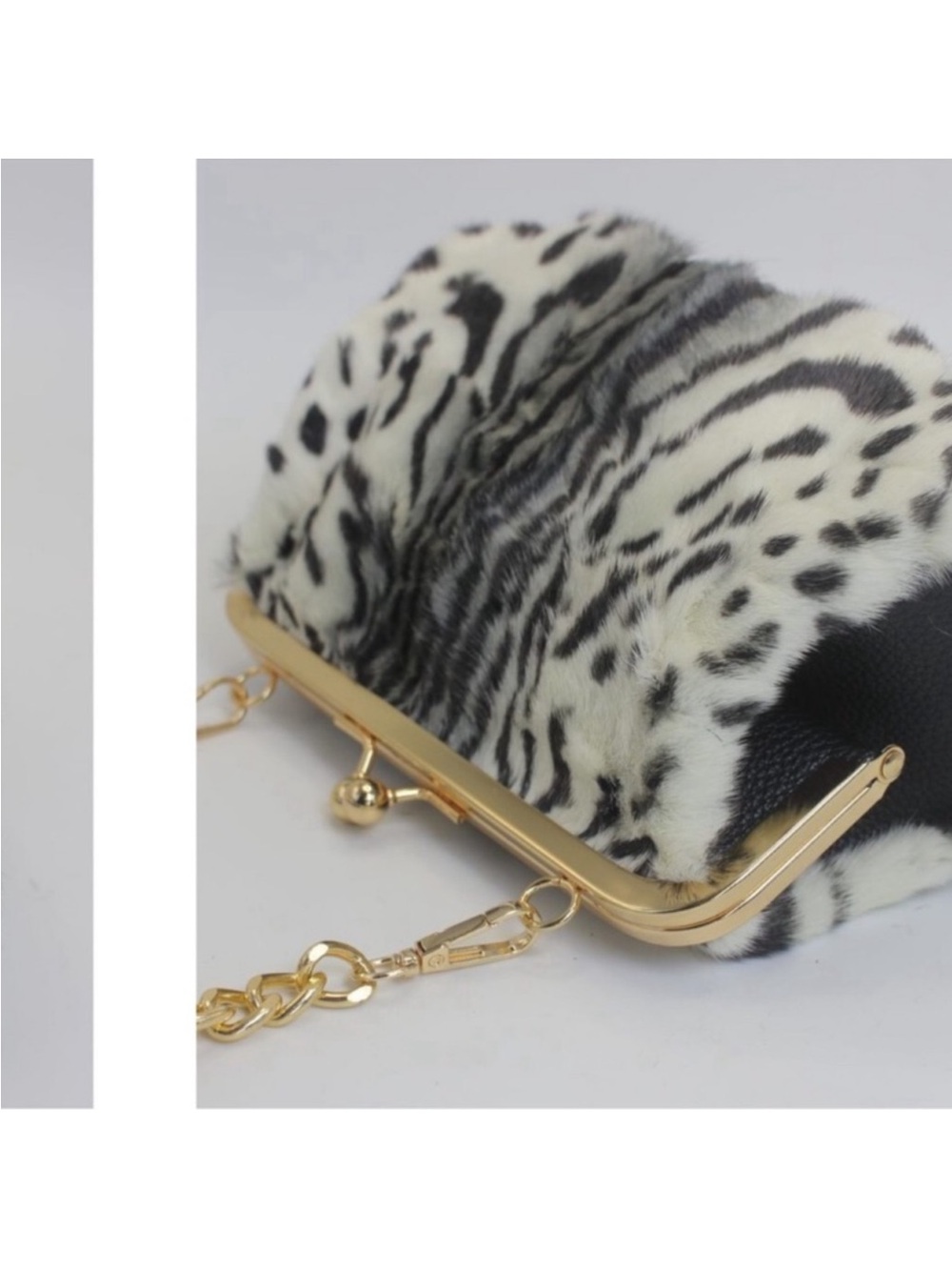 Luxury Mink Fur Leopard Print Handbag Small Kiss Lock Purse With Gold new - Picture 4 of 9
